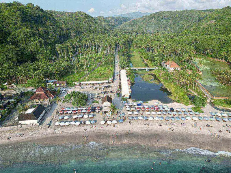 Aerial view of Crystal Bay Nusa Penida showing the beach, the palm grove behind it and the parking area