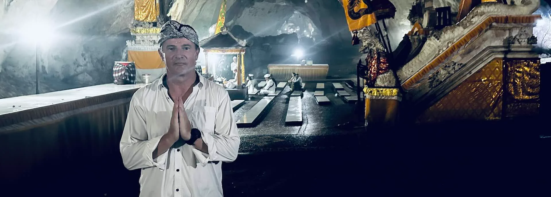 Inside the vast limestone cave of Goa Giri Putri temple, Nusa Penida