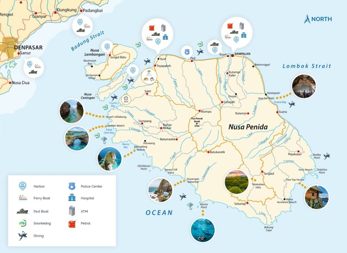 Peta Nusa Penida yang menampilkan pelabuhan, jalan, pantai, titik pemandangan, lokasi diving, dan layanan transportasi