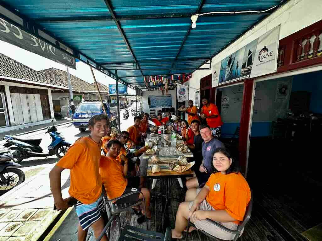 The Dune Penida team in front of the dive shop (toko) at Toyapakeh, Nusa Penida