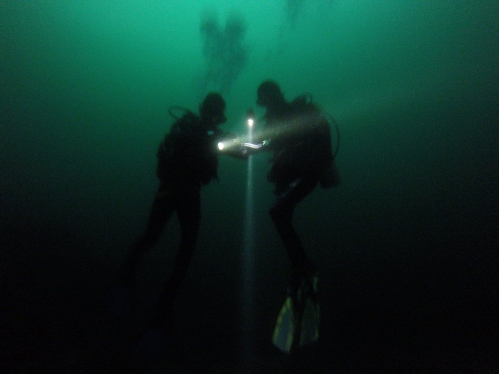 Night dive with torches during a PADI Advanced Open Water course, Nusa Penida